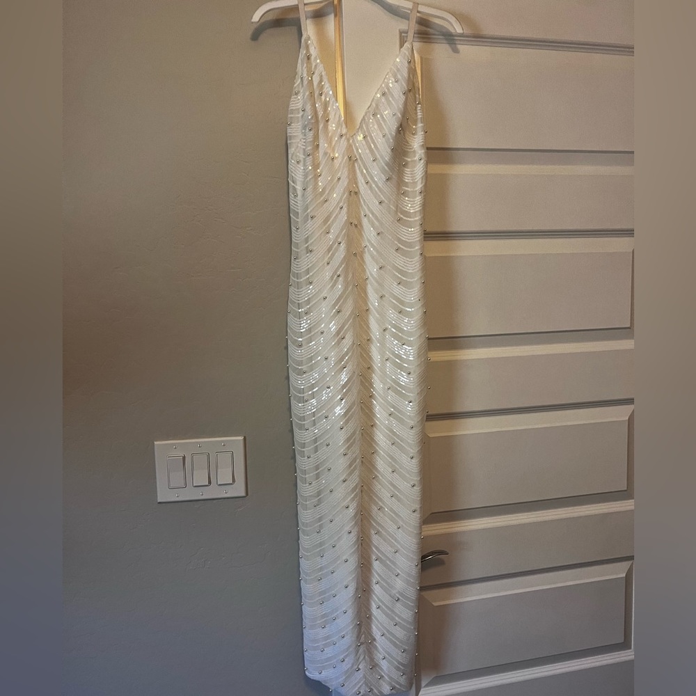 Hot Miami styles  white sequins and Pearl embellished midi dress